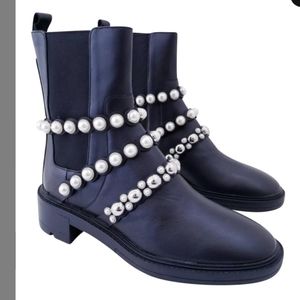 NWT Zara Leather Chunky Ankle Boots w/ Pearl & Stud Straps